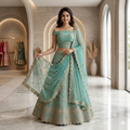 SEAFOAM GREEN LEHENGA WITH GOLD ZARI+ SCALLOPED BORDER