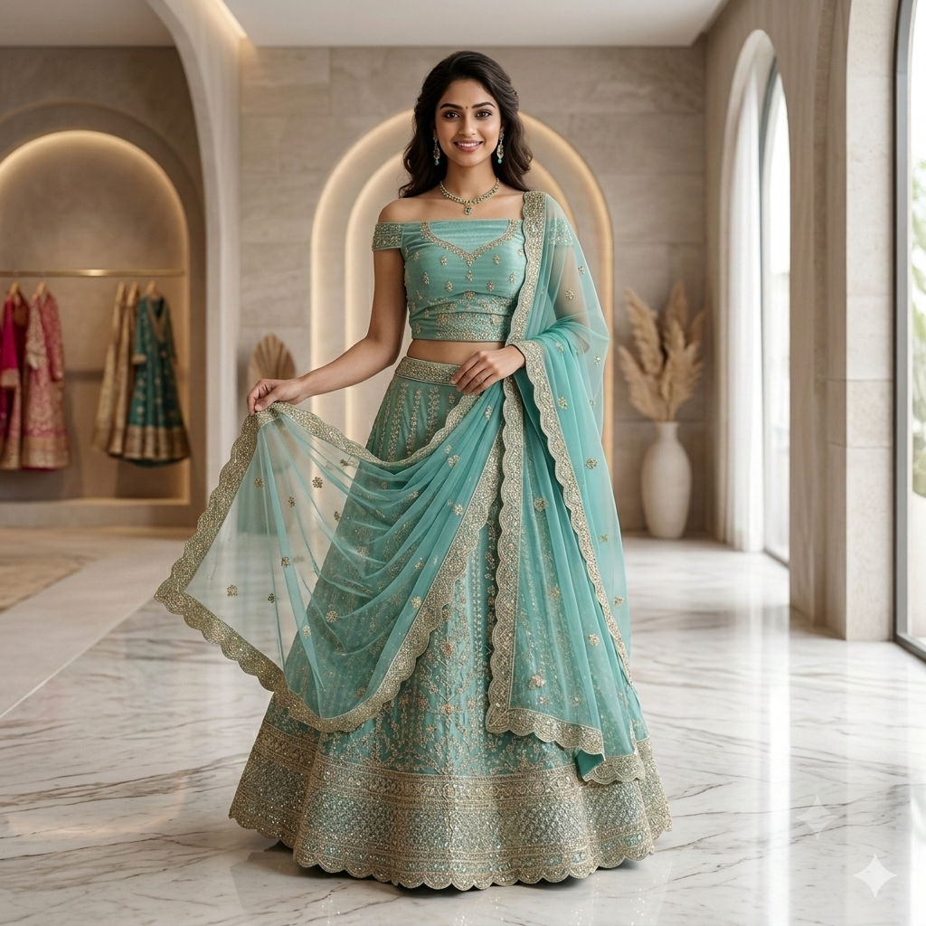SEAFOAM GREEN LEHENGA WITH GOLD ZARI+ SCALLOPED BORDER