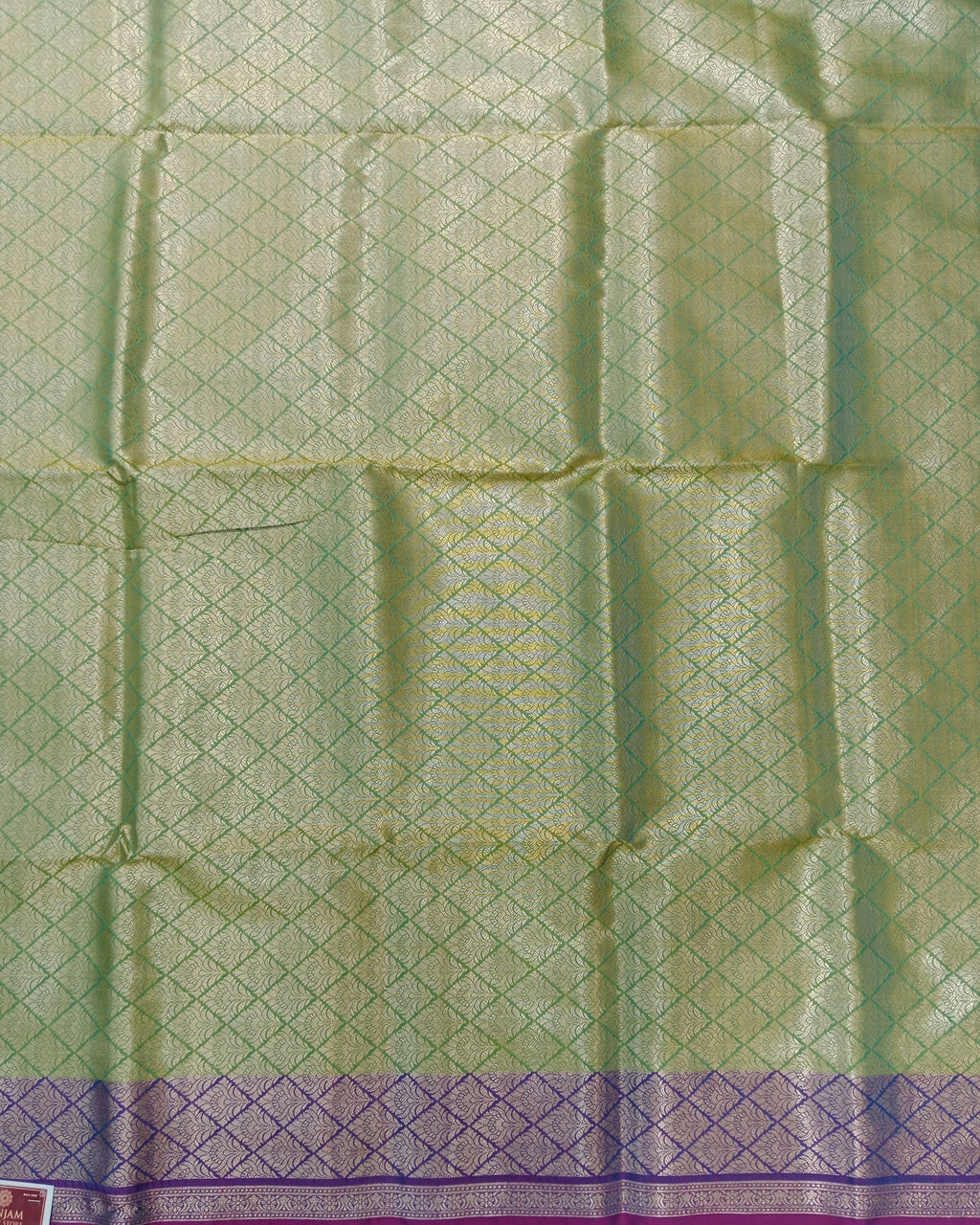 PARROT GREEN KANCHIPURAM SILK SAREE WITH VIOLET CONTRAST BORDER