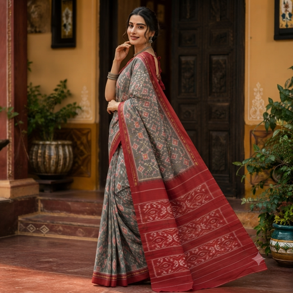 GREY SAMBALPURI HANDLOOM COTTON SAREE