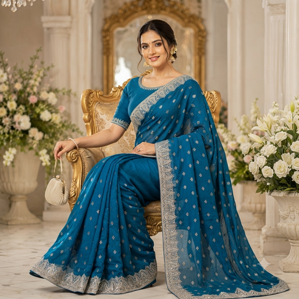 TEAL BLUE GEORGETTE/CHIFFON SAREE