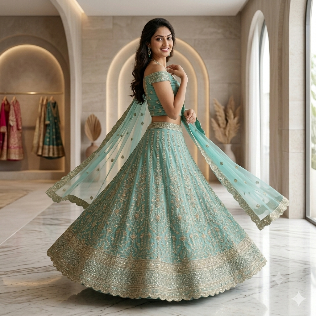 SEAFOAM GREEN LEHENGA WITH GOLD ZARI+ SCALLOPED BORDER