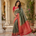EMERALD GREEN RED BANARASI SILK SAREE