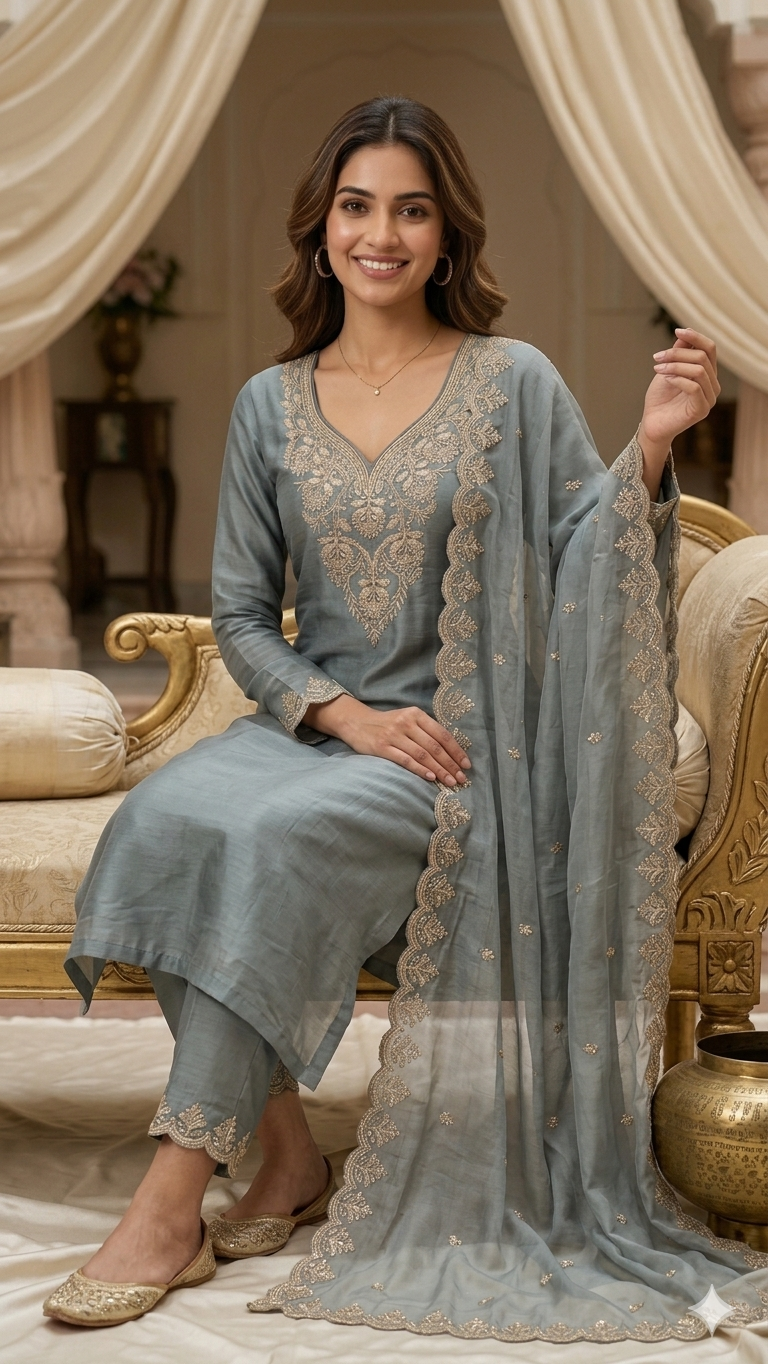 DUSTY BLUE GREY EMBROIDERED DRESS MATERIAL