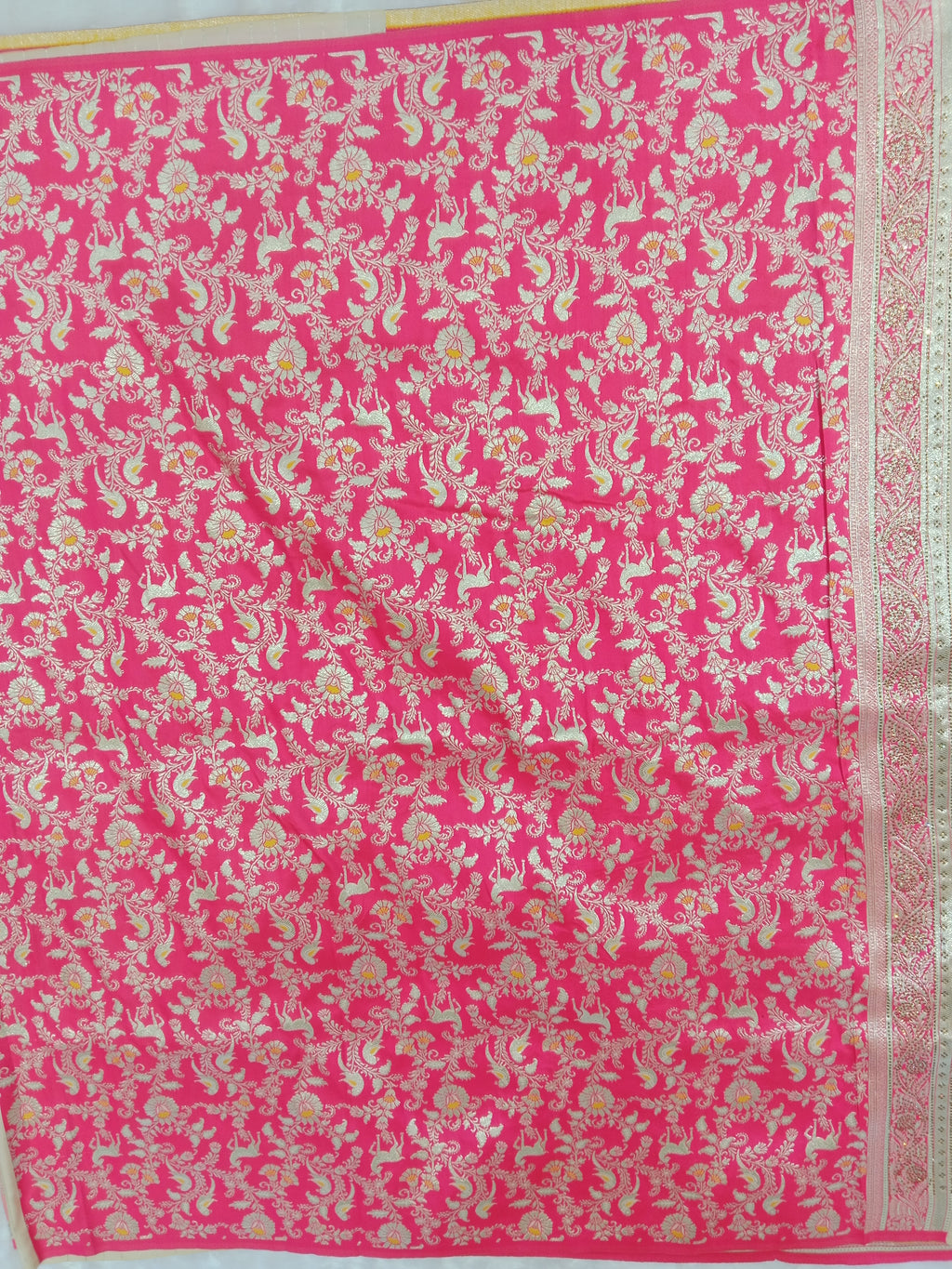 CREAM YELLOW+PINK LEHERIYA BANARASI SILK SAREE
