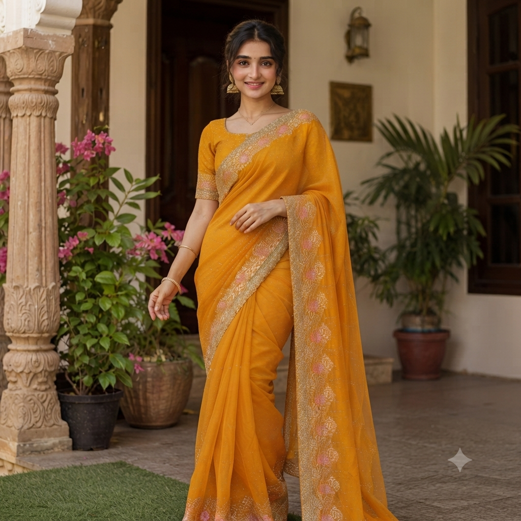 MARIGOLD GEORGETTE SAREE WITH GOLD+ PINK ZARI BORDER