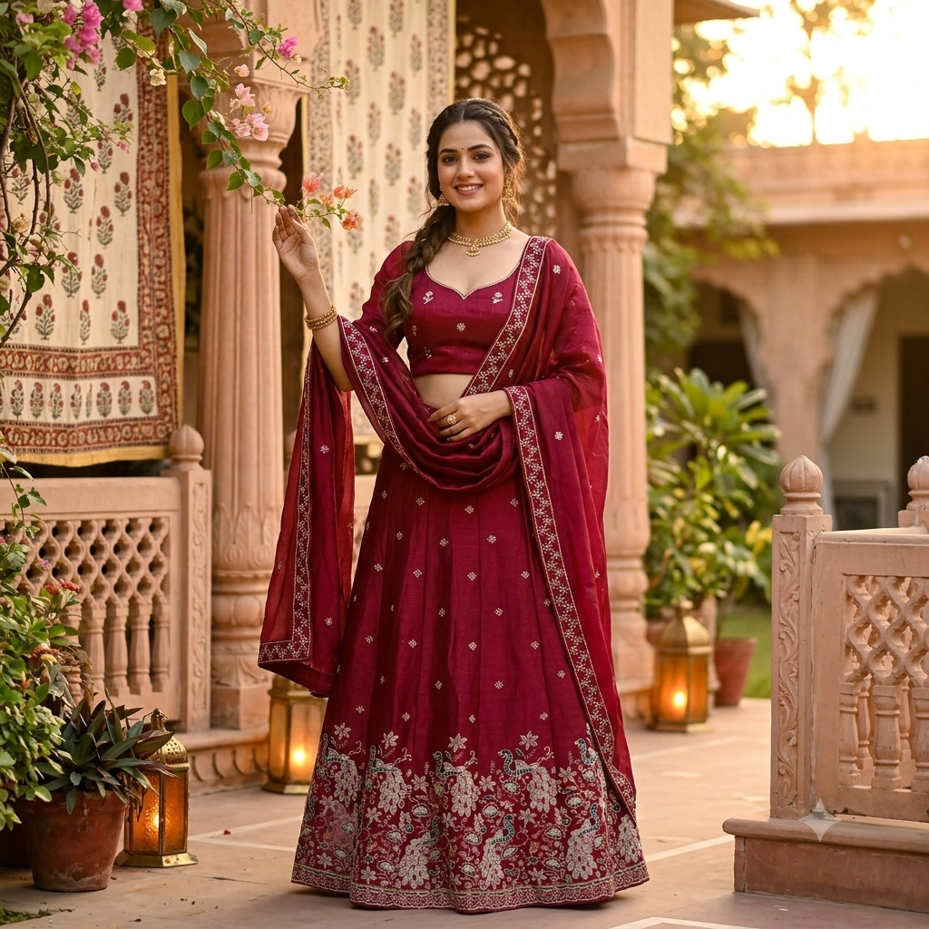MAROON LEHENGA WITH THE WHITE TEAL PEACOCK BORDER