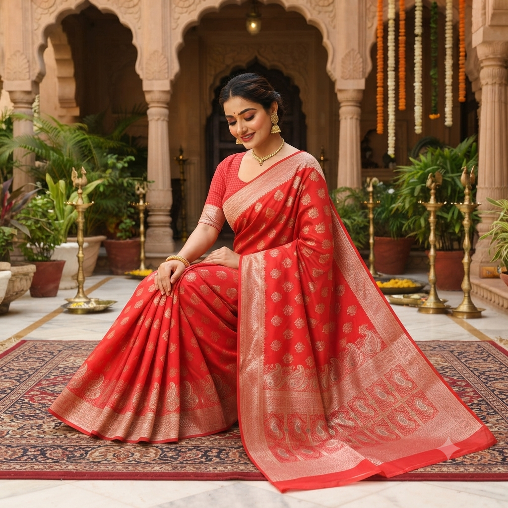 TOMATO  RED BANARASI SILK SAREE