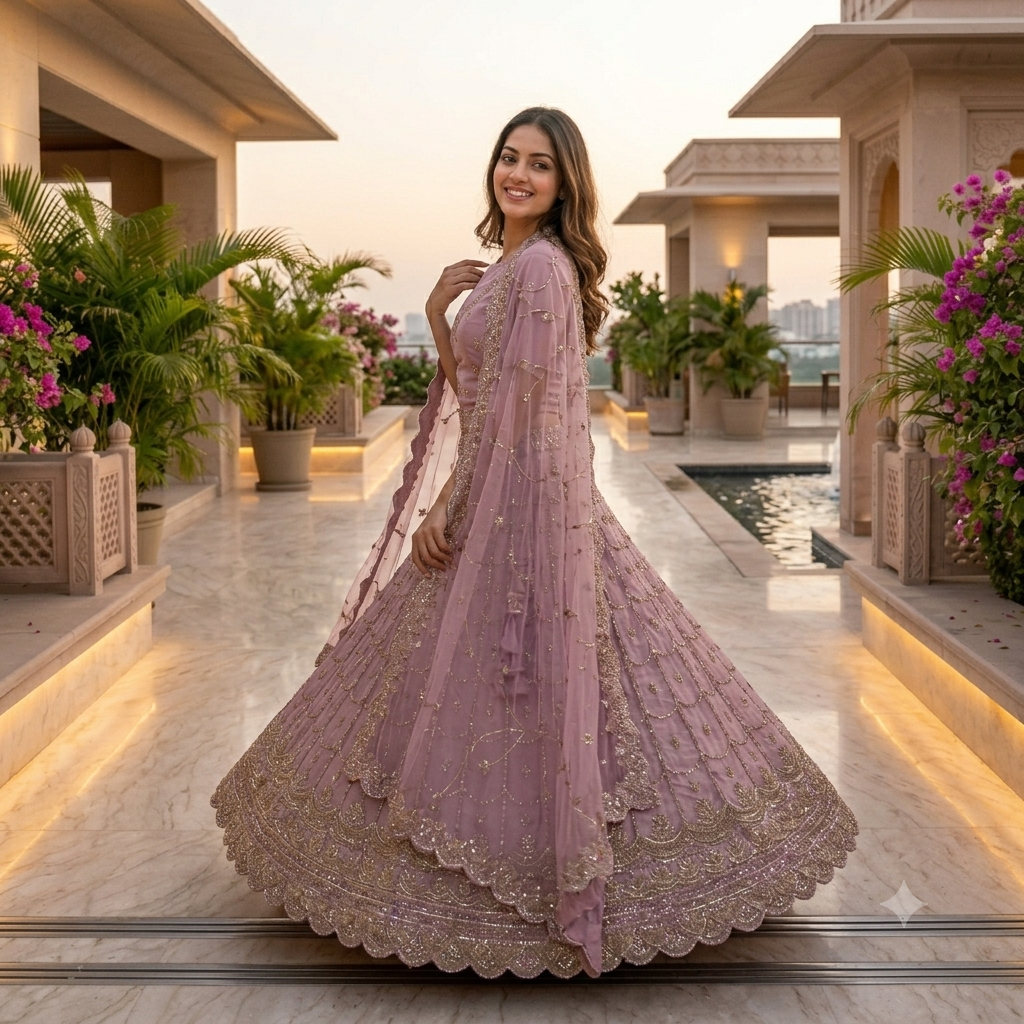 LAVENDER LEHENGA WITH GOLD SCALLOP EMBROIDERY