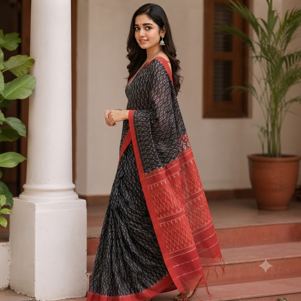 BLACK POCHAMPALLY IKAT COTTON SAMBALPURI HANDLOOM COTTON SAREE