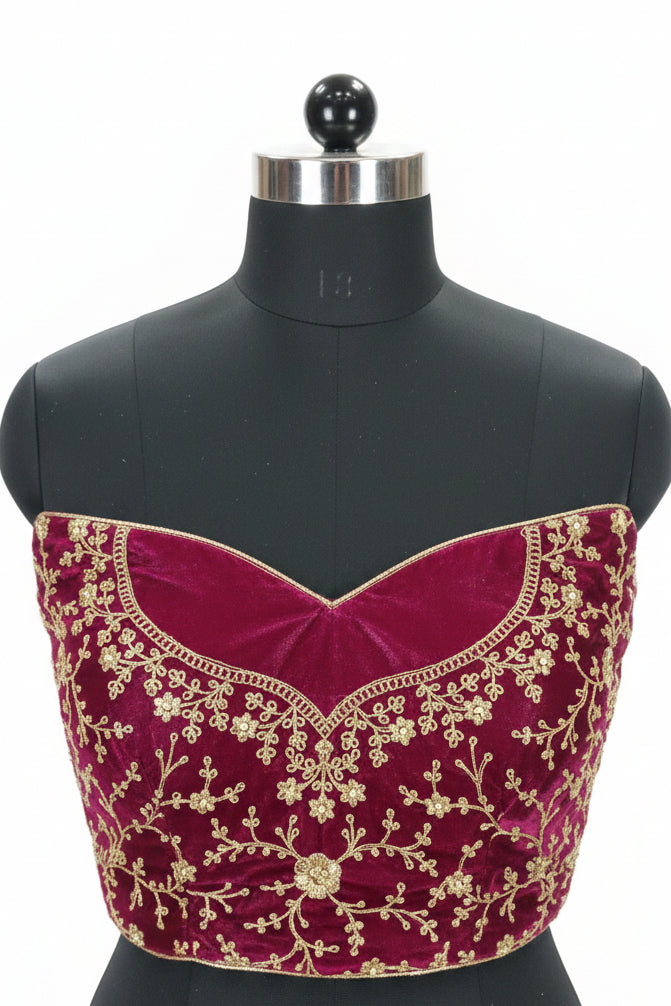 MAROON VELVET STRAPLESS LEHENGA WITH GOLD SCALLOP EMBROIDERY