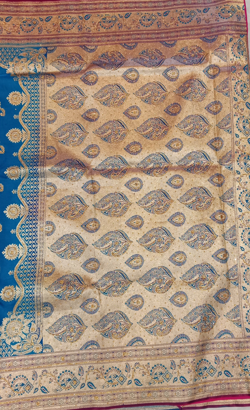 PEACOCK BLUE BANARASI SILK SAREE WITH CONTRAST MEGENTA