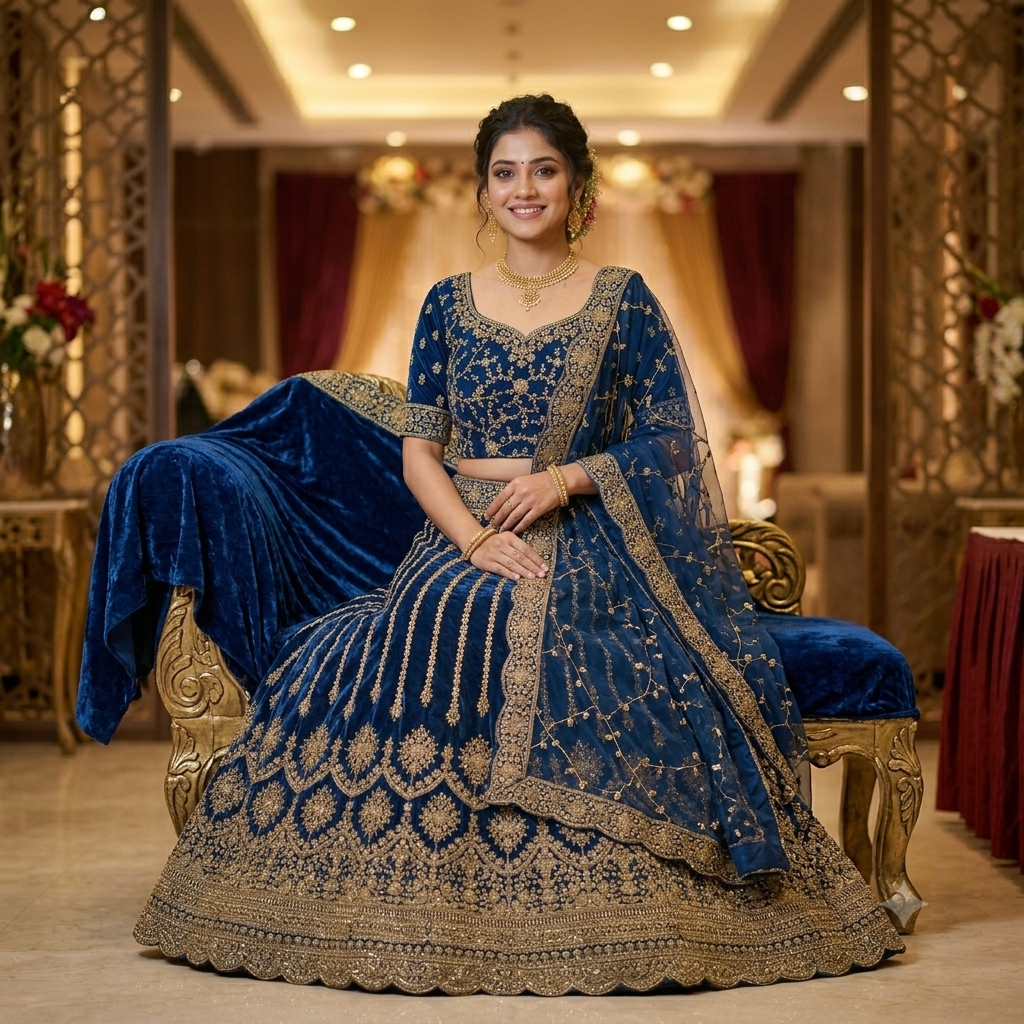 ROYAL BLUE VELVET LEHENGA WITH GOLD ZARI WORK
