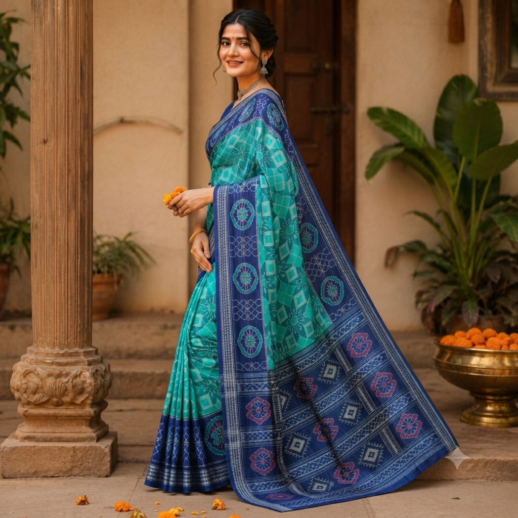 SEA GREEN SAMBALPURI  HANDLOOM COTTON SAREE