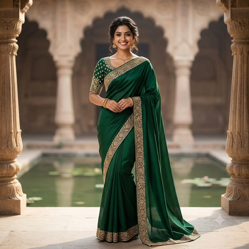 EMERALD GREEN SILK SAREE WITH HEAVY GOLD ZARI BORDER