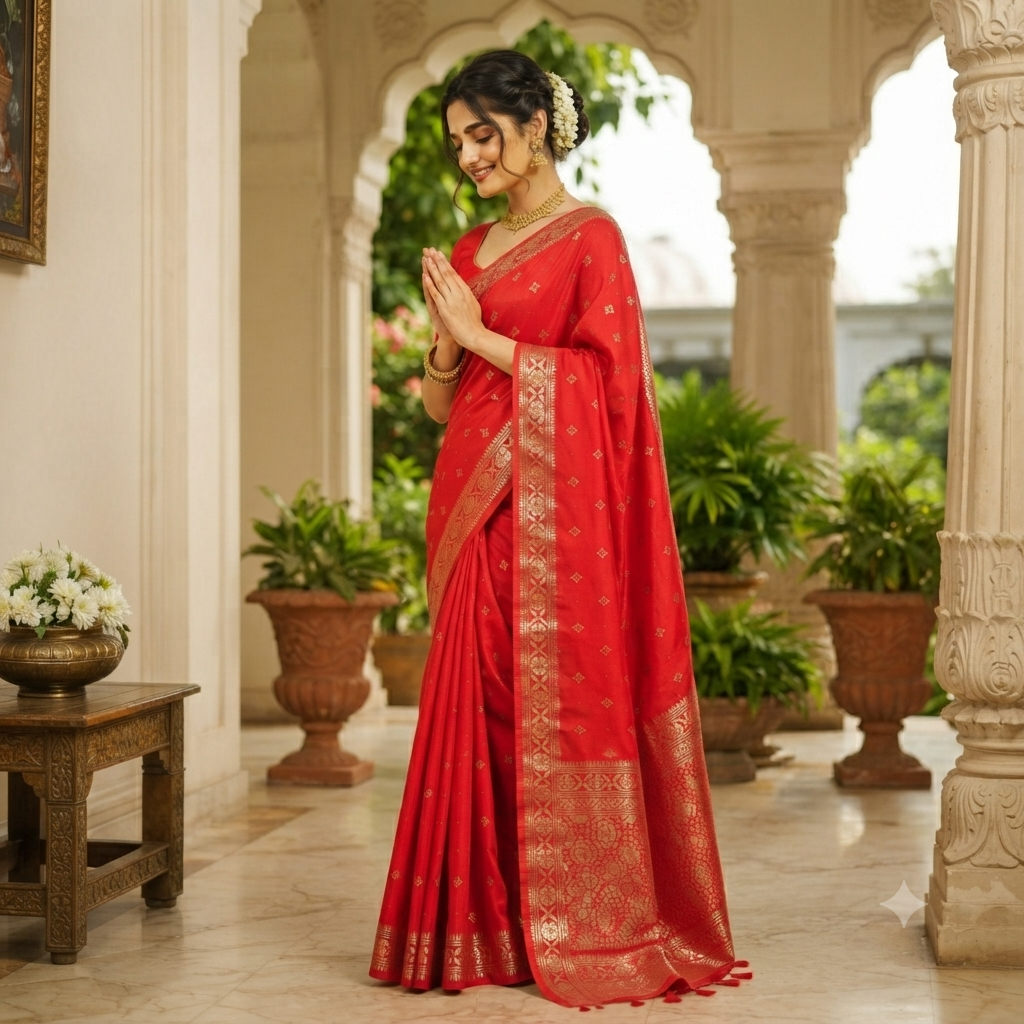 BRIGHT RED BANARASI SILK SAREE WITH GOLD ZARI BORDER
