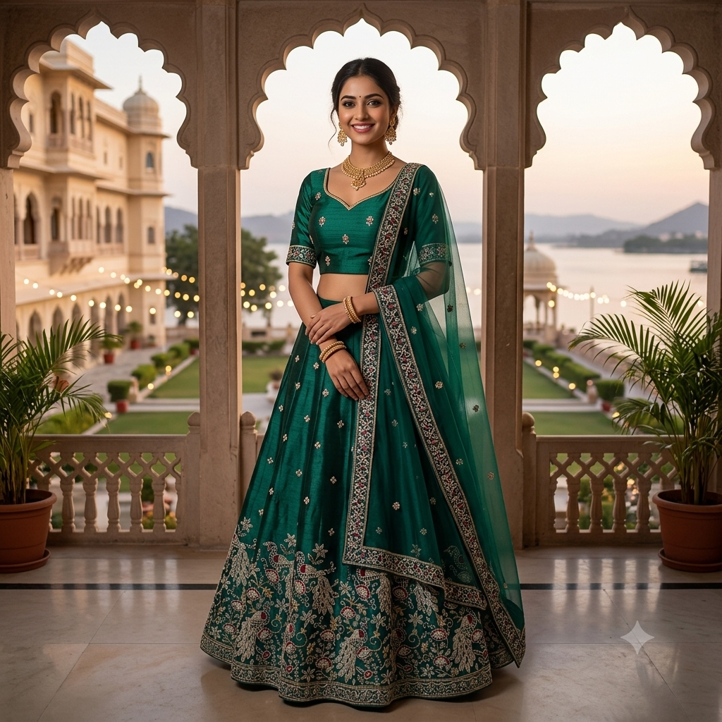 EMERALD GREEN LEHENGA WITH WHITE+ RED PEACOCK BORDER WORK