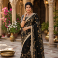 BLACK GEORGETTE SAREE WITH ANTIQUE GOLD ZARI FLORAL JAAL