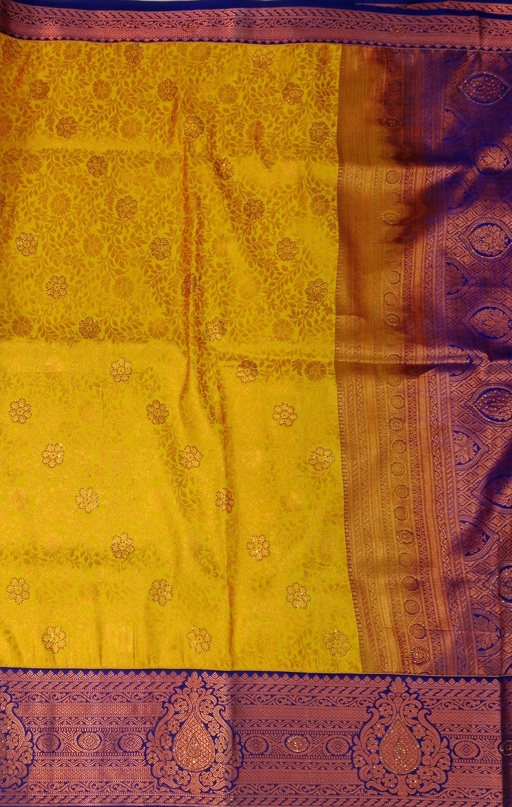 MANGO YELLOW ROYAL PURPLE KANCHIPURAM SILK SAREE