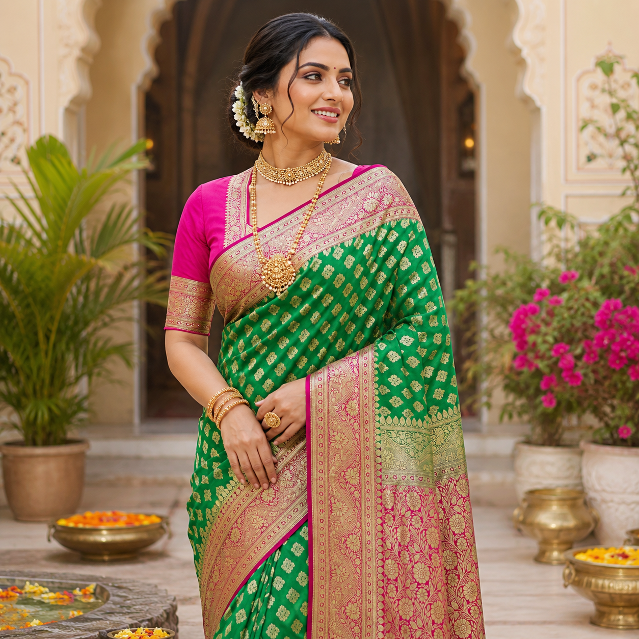 PARROT GREEN MAGENTA BANARASI SILK SAREE