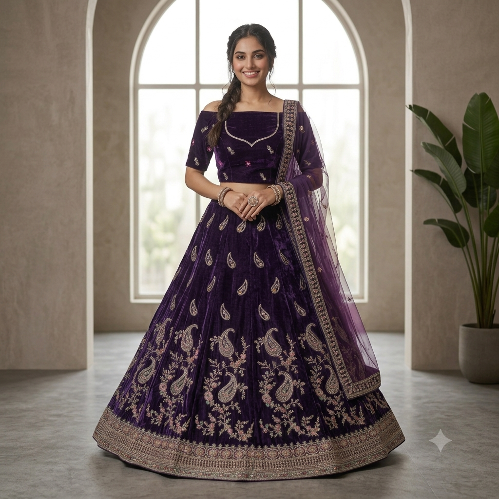 DEEP PURPLE VELVET LEHENGA WITH GOLD PAISLEY+ FLORAL EMBROIDERY