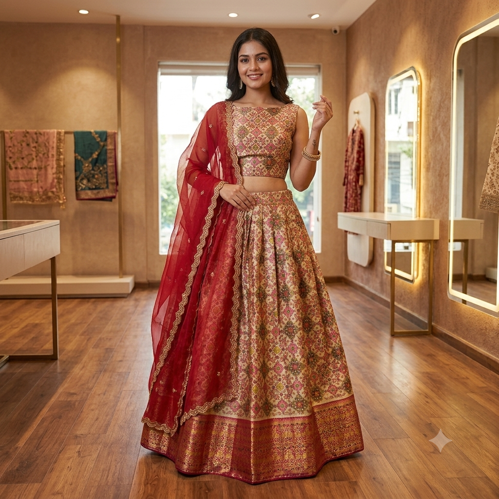 BEIGE BASE LEHENGA WITH MULTICOLOUR JAAL PRINT + THAT RICH MAROON - GOLD BORDER