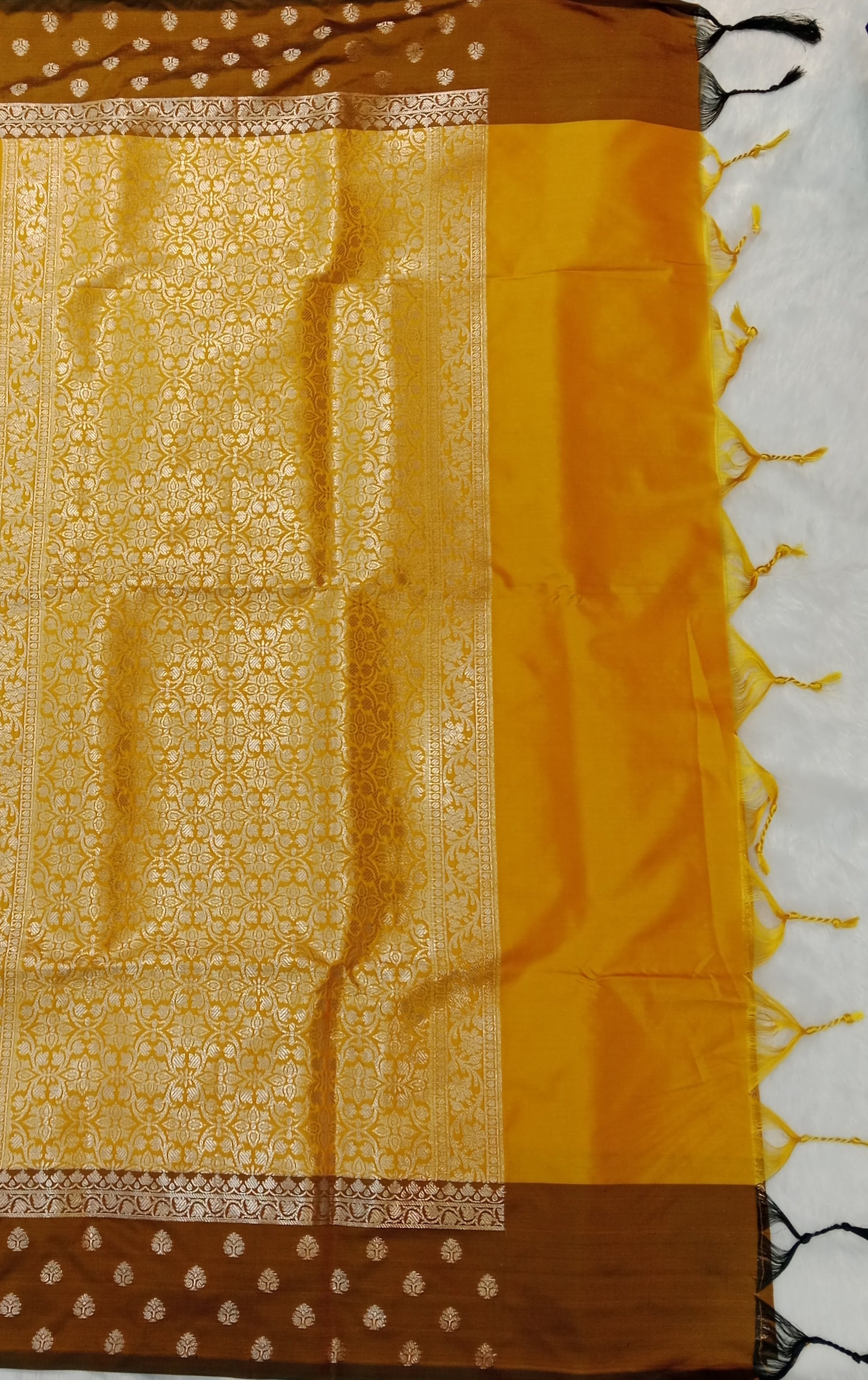 MUSTARD YELLOW BANARASI SILK SAREE WITH CHOCOLATE BROWN CONTRAST BORDER