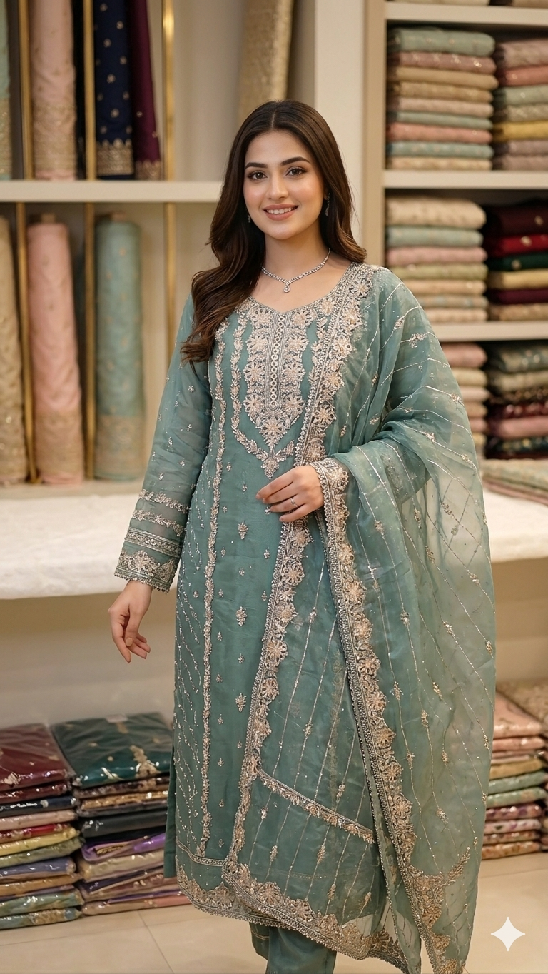 SEA GREEN EMBROIDERED DRESS MATERIAL