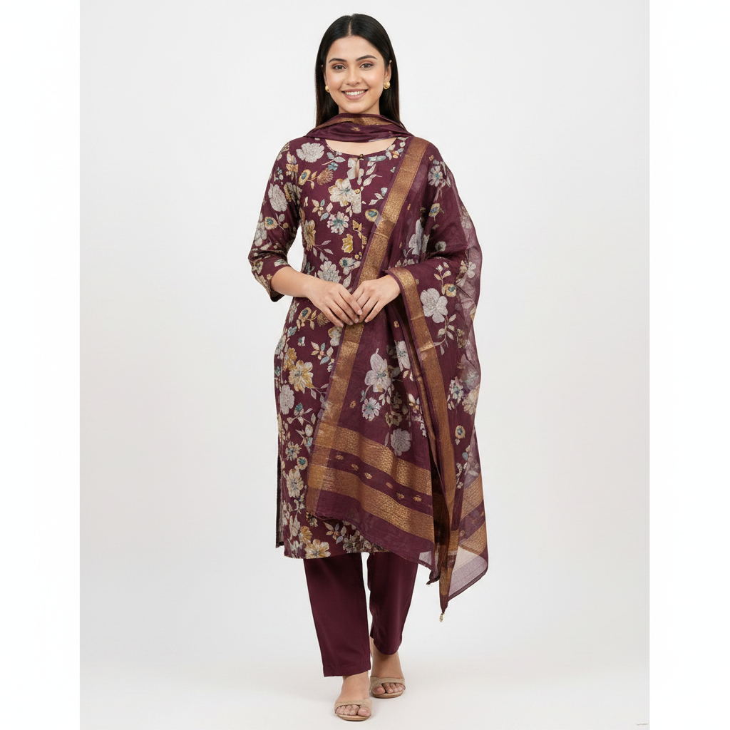 DEEP WINE PRINTED KURTI SET
