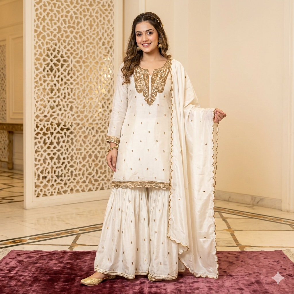 IVORY GOLD EMBROIDERED SHARARA