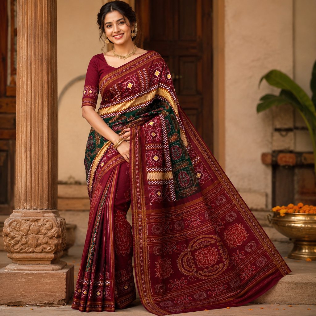 MAROON SAMBALPURI HANDLOOM COTTON SAREE