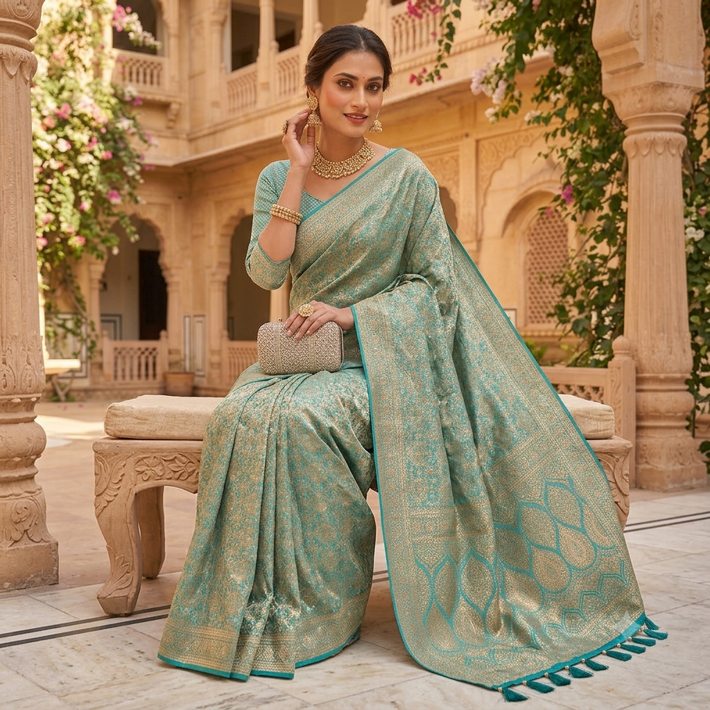 AQUA TURQUOISE BANARASI SILK SAREE WITH FULL GOLD ZARI
