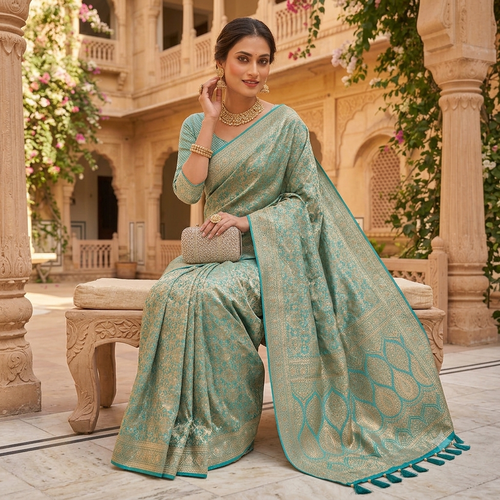AQUA TURQUOISE BANARASI SILK SAREE WITH FULL GOLD ZARI