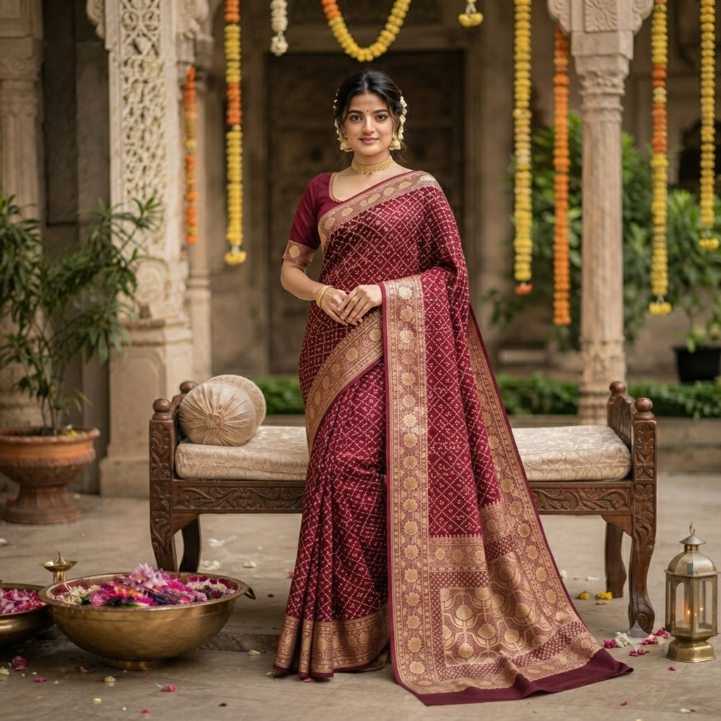 WINE  MAROON BANDHANI BANARASI SILK SAREE