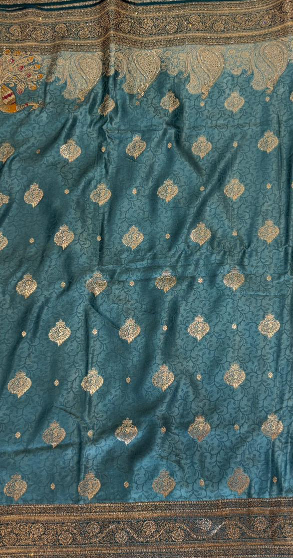 PEACOCK TEAL BANARASI SILK SAREE WITH GOLD BUTTAS