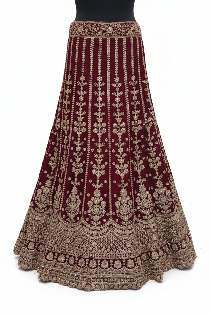 MAROON VELVET GULMOHAR LEHENGA
