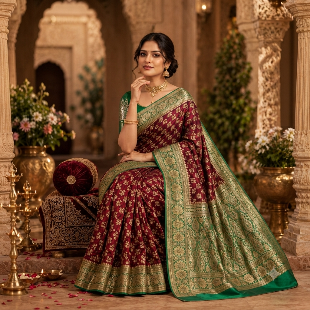 MAROON EMERALD GREEN BANARASI SILK SAREE