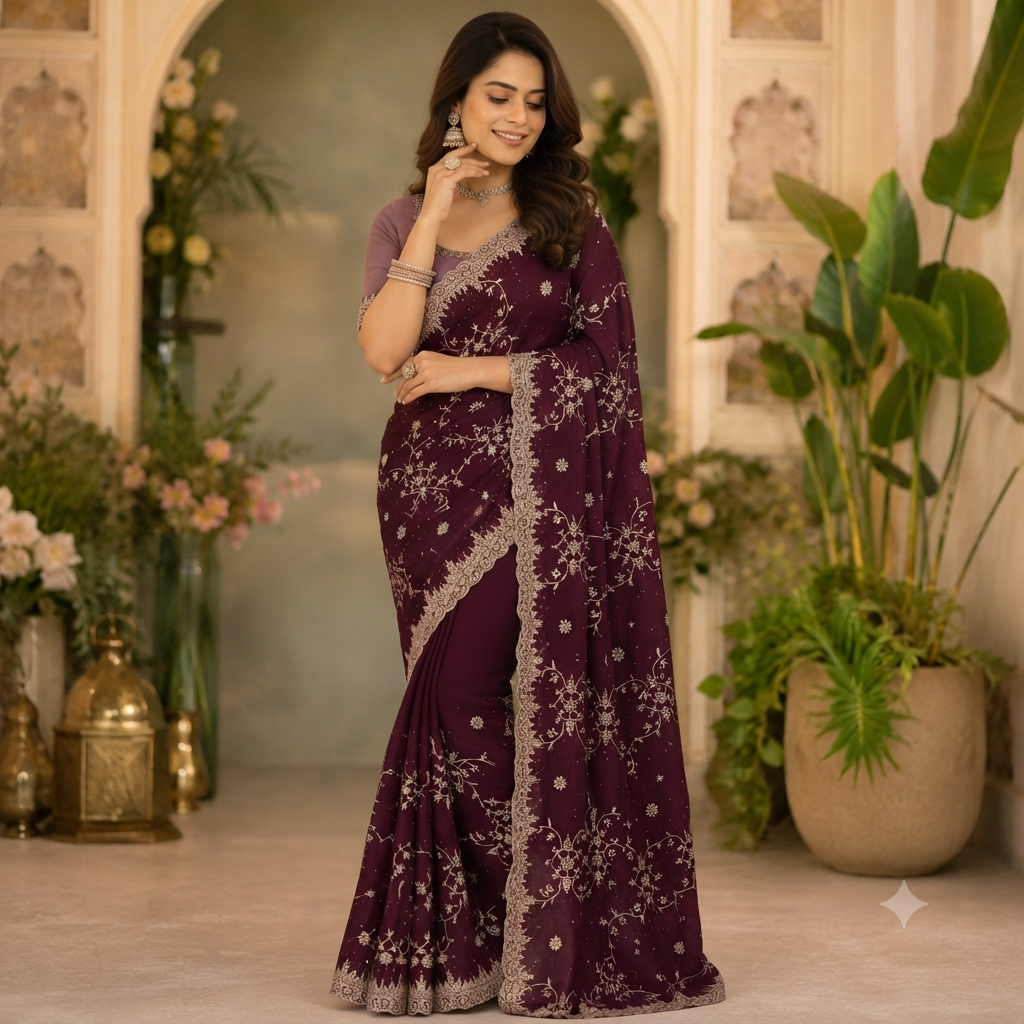 PLUM GEORGETTE SAREE WITH SILVER ZARI