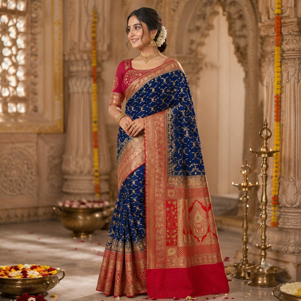 ROYAL BLUE RED BANARASI SILK SAREE
