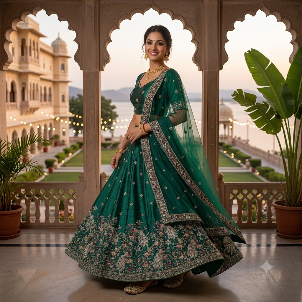 EMERALD GREEN LEHENGA WITH WHITE+ RED PEACOCK BORDER WORK