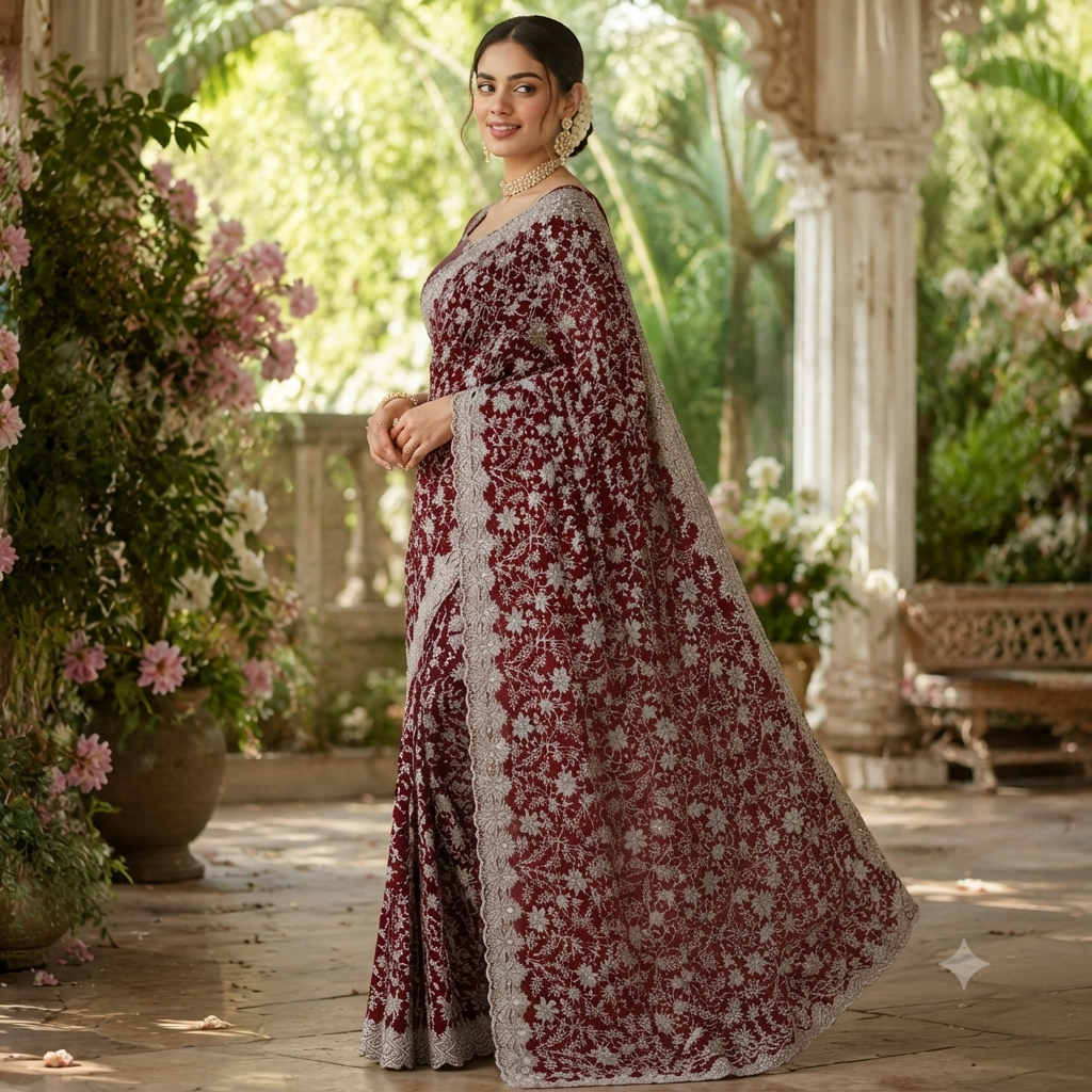 WINE SILVER CHIKANKARI SAREE