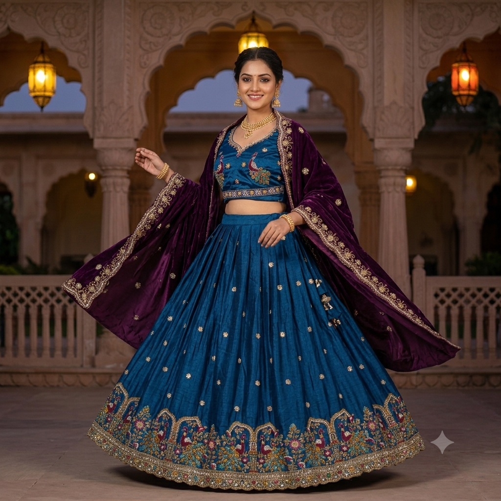 TEAL BLUE LEHENGA WITH PEACOCK+ FLORAL BORDER WORK
