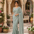 POWDER BLUE GREEN ORGANZA TISSUE SAREE