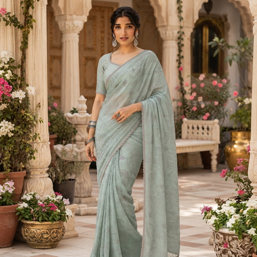 POWDER BLUE GREEN ORGANZA TISSUE SAREE