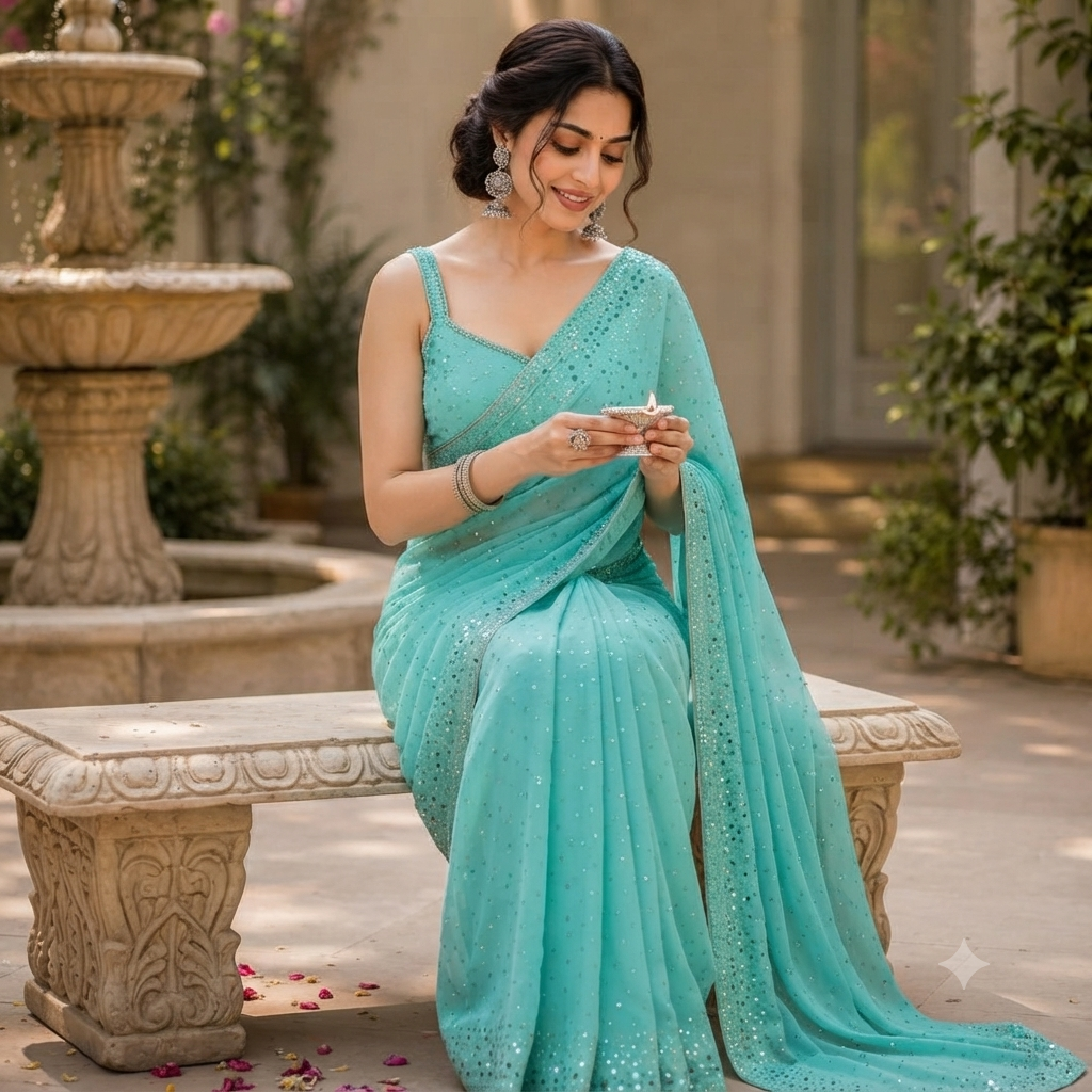 AQUA BLUE GEORGETTE SAREE WITH ALL- OVER SEQUIN WORK