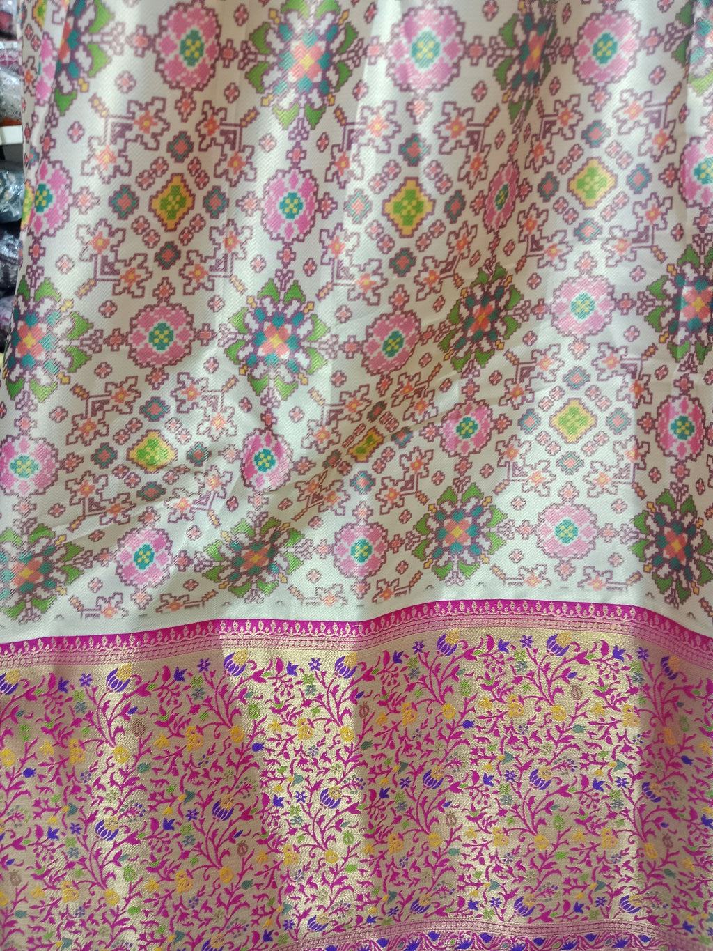 BEIGE BASE LEHENGA WITH MULTICOLOUR JAAL PRINT + THAT RICH MAROON - GOLD BORDER