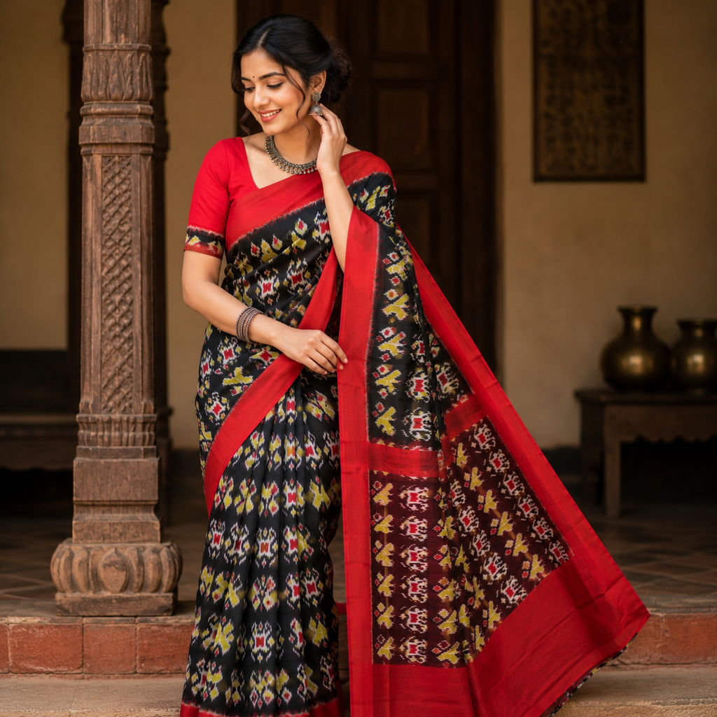 Red Mix Black With Yellow Boota Pure Sambalpuri Handloom Cotton Saree