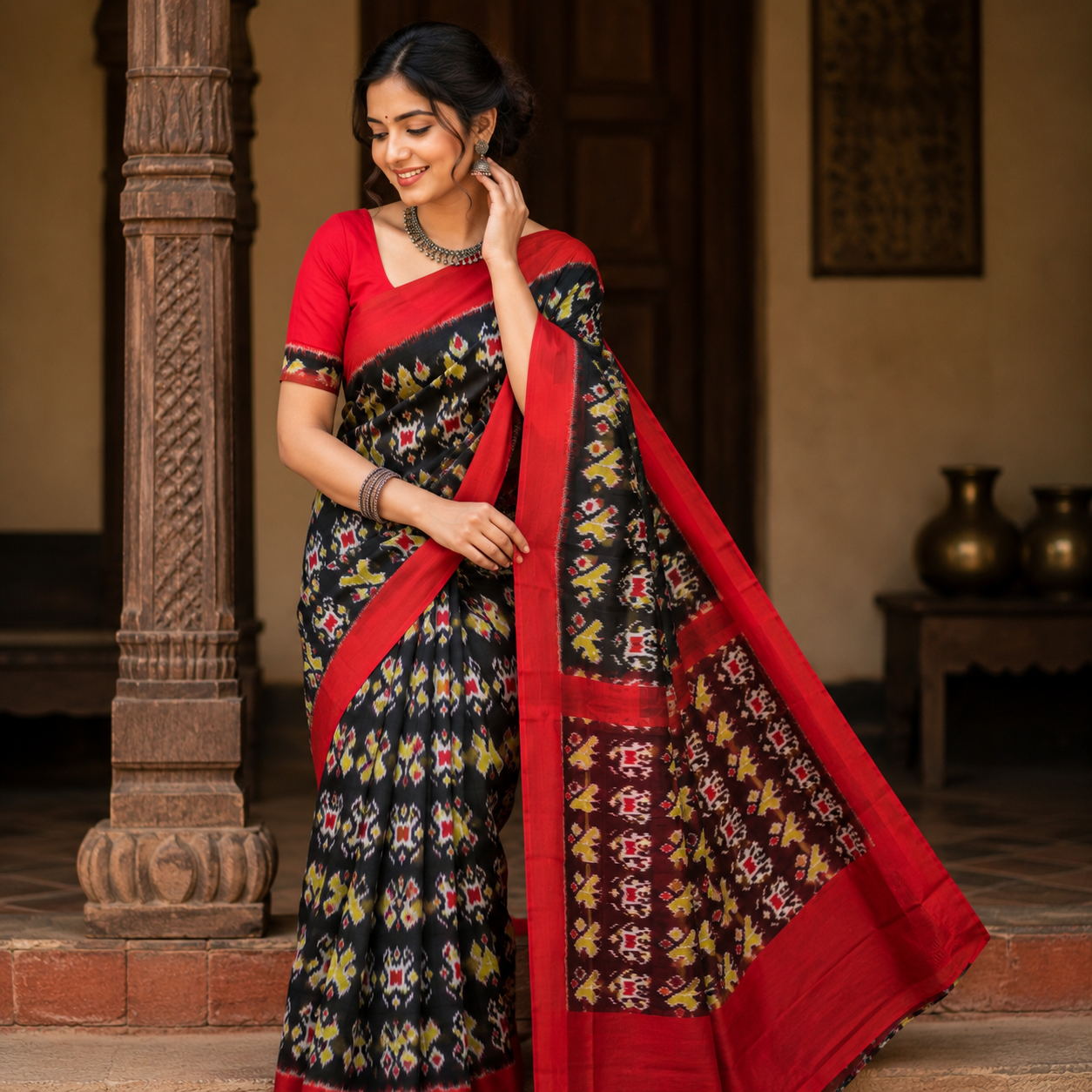 Red Mix Black With Yellow Boota Pure Sambalpuri Handloom Cotton Saree