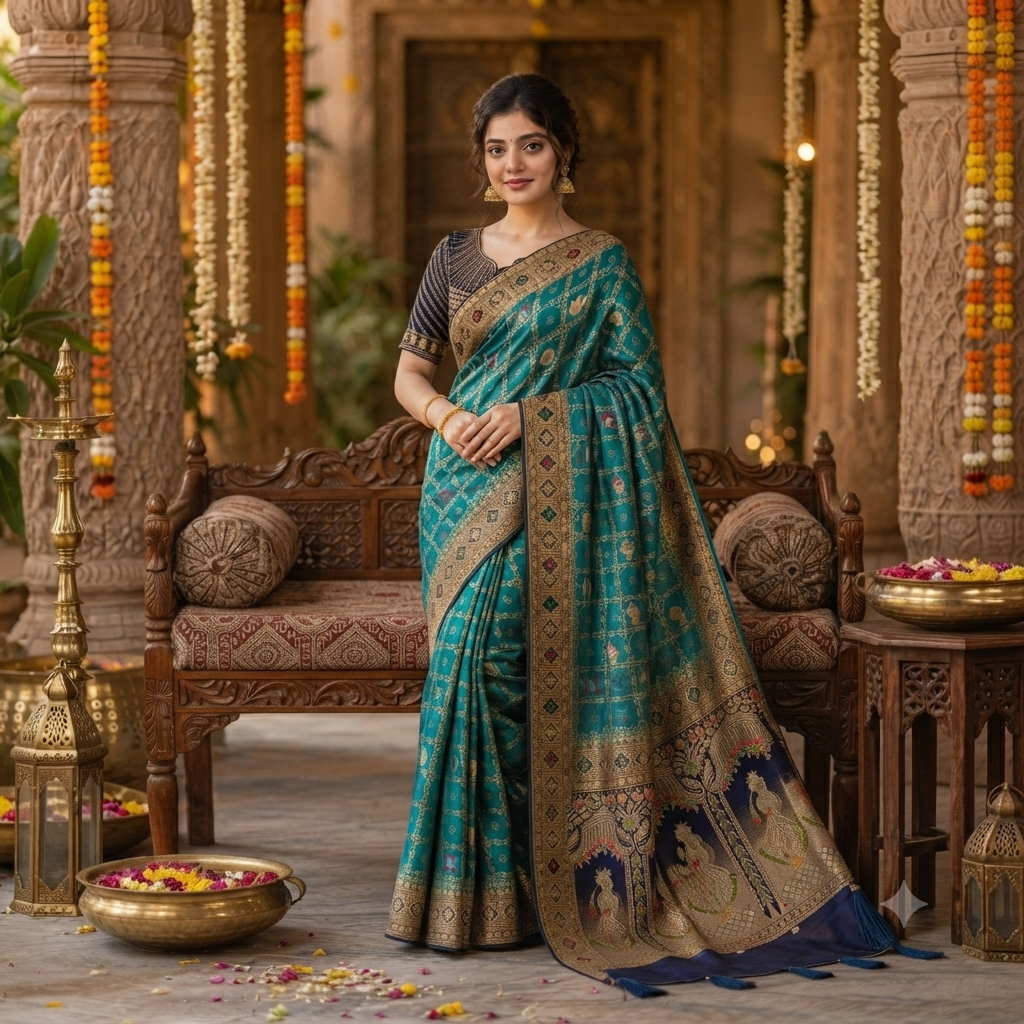 PEACOCK TEAL PATOLA INSPIRED BANARASI SILK SAREE