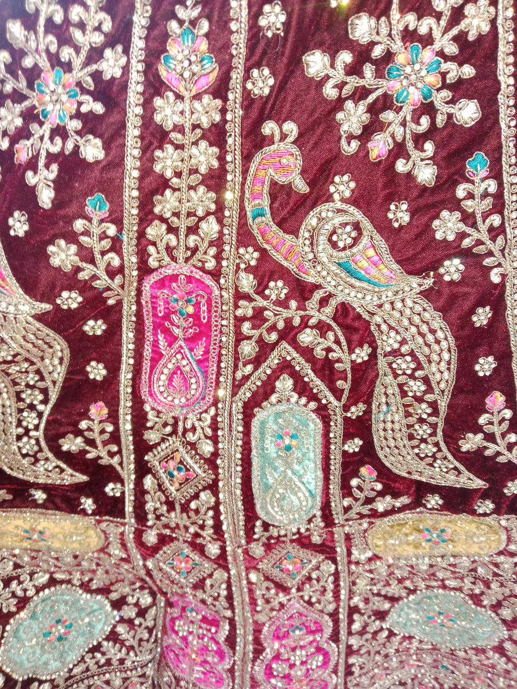 MAROON VELVET LEHENGA WITH HEAVY GOLD+ MULTICOLOR ZARDOZI WORK
